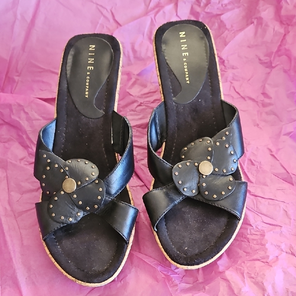 Nine West Black Leather Mules with Studded Flower